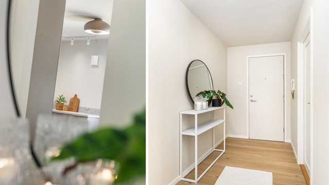 I entreen er det mulighet for kommoder, skap eller en skyvedørsgarderobe. Soverom 2 til høyre.