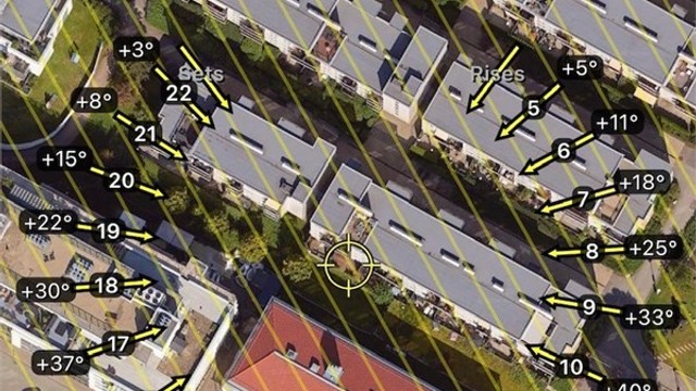 Soldiagram - Kanonhallveien 14 H - kun ment som en illustrasjon over solforholdene midtsommers (21. juni)