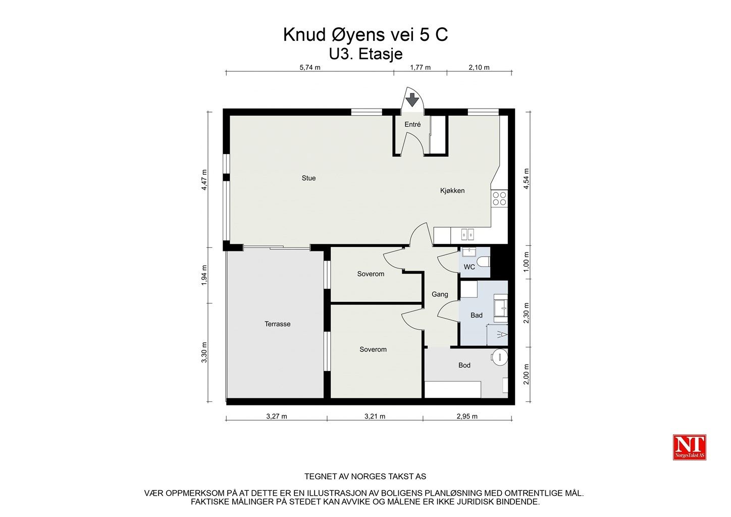 Leiligheten har en arealeffektiv planløsning på 80 m² med åpen stue- og kjøkkenløsning, to soverom og separat bad og WC.