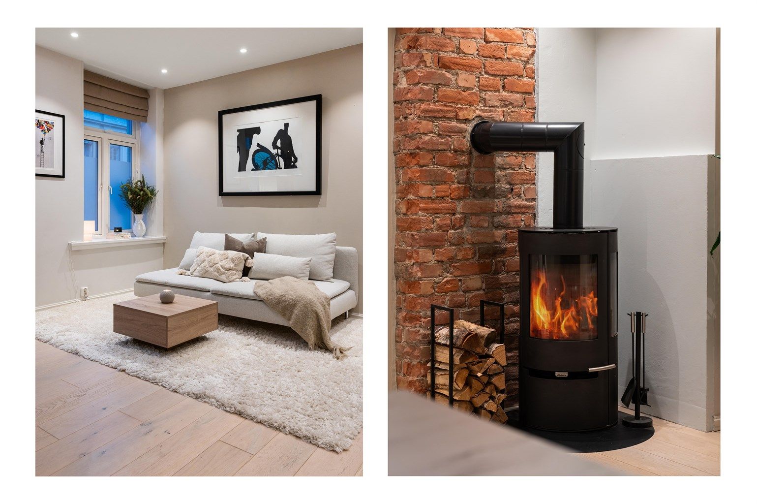 Peisen bidrar med behagelig varme og skaper en lun og hyggelig atmosfære i stuen, særlig på kjølige kvelder.