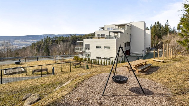 Fellesarealene er opparbeidet med asfalterte veier, plenarealer og diverse beplantninger.