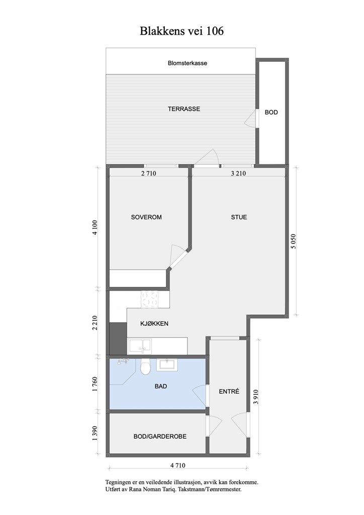 Plantegningen viser en arealeffektiv leilighet på 52 m² med ett soverom og åpen stue-kjøkkenløsning.