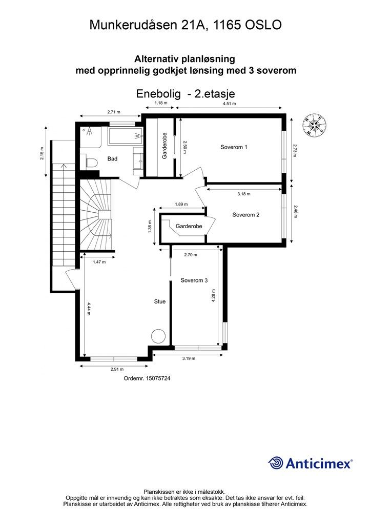 Alternativ plantegning med tre soverom. .