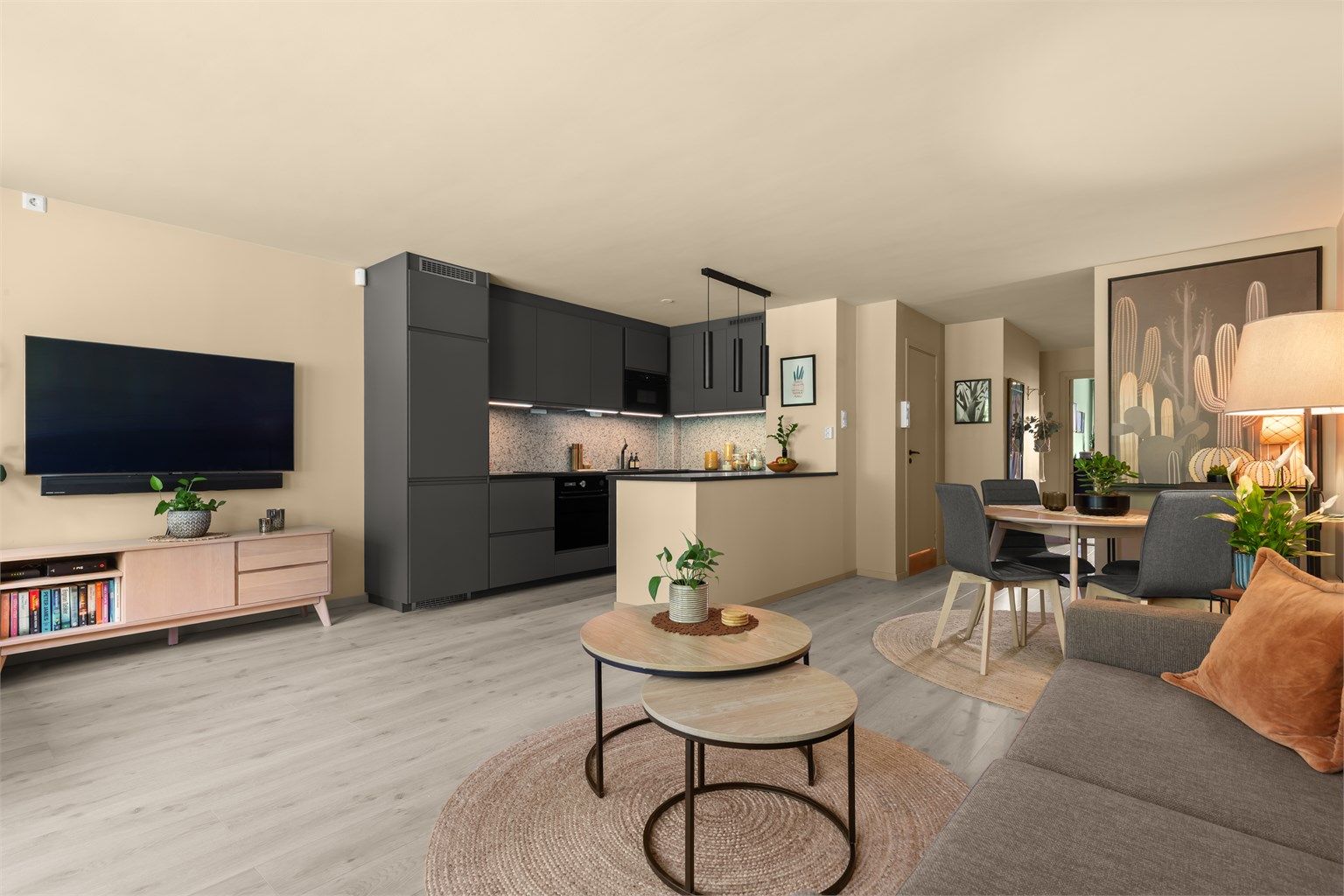 Et veldig flott og sosial sone med åpen kjøkkenløsning til stue. Enkelt å innrede med stuemøblement og spisestue