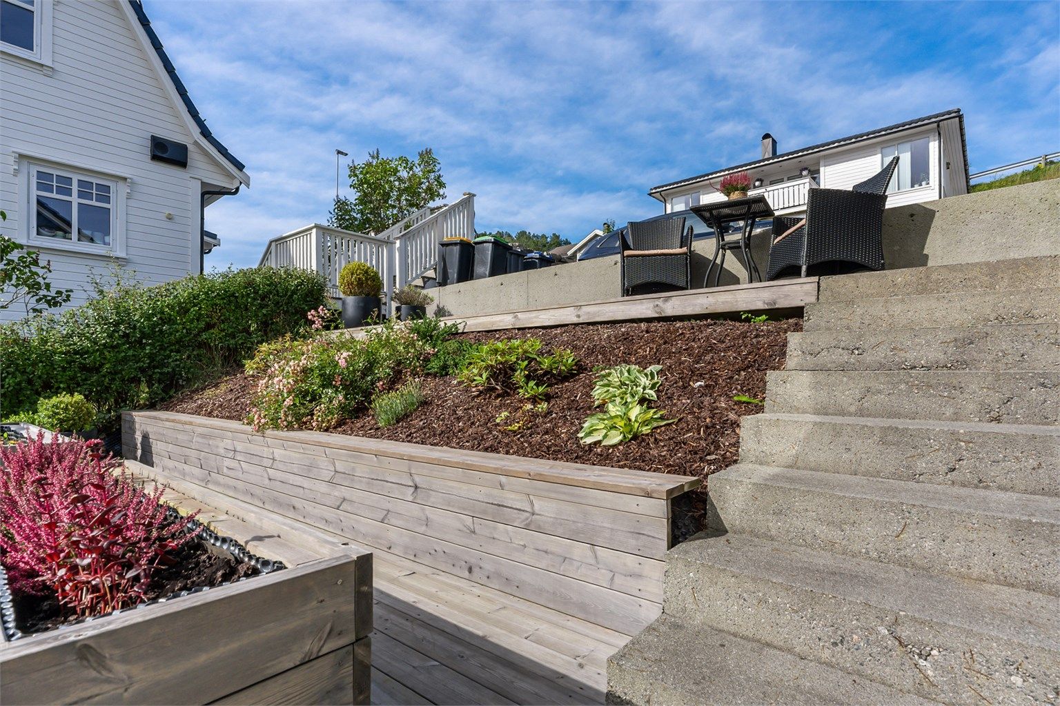 To sørvendte terrasser på 14 kvm med beplantinger mellom