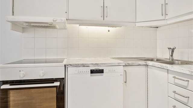 Fliser mellom kjøkkenbenk og overskap. Frittstående hvitevarer og ventilator i overskap.