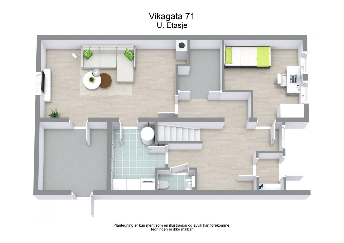 3D illustrasjon av planløsningen i underetasjen.