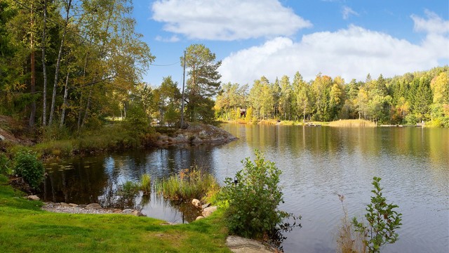 Eiendommen har langstrakt kontakt med vannet og et variert naturterreng.