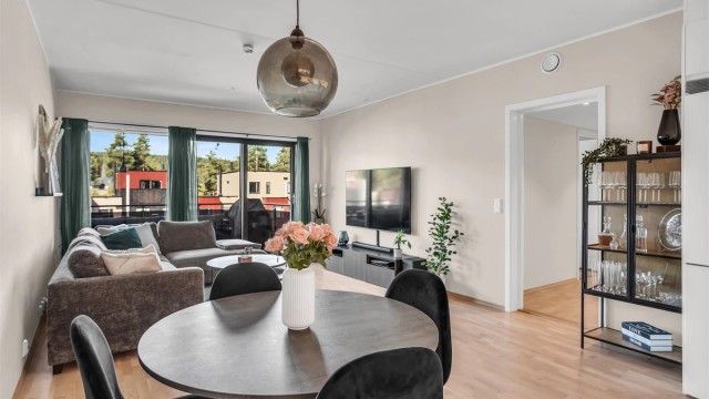 Velkommen inn! Store vindusflater gir rikelig med naturlig lys inn i leiligheten. Foto: Ann-Helén Nannestad.