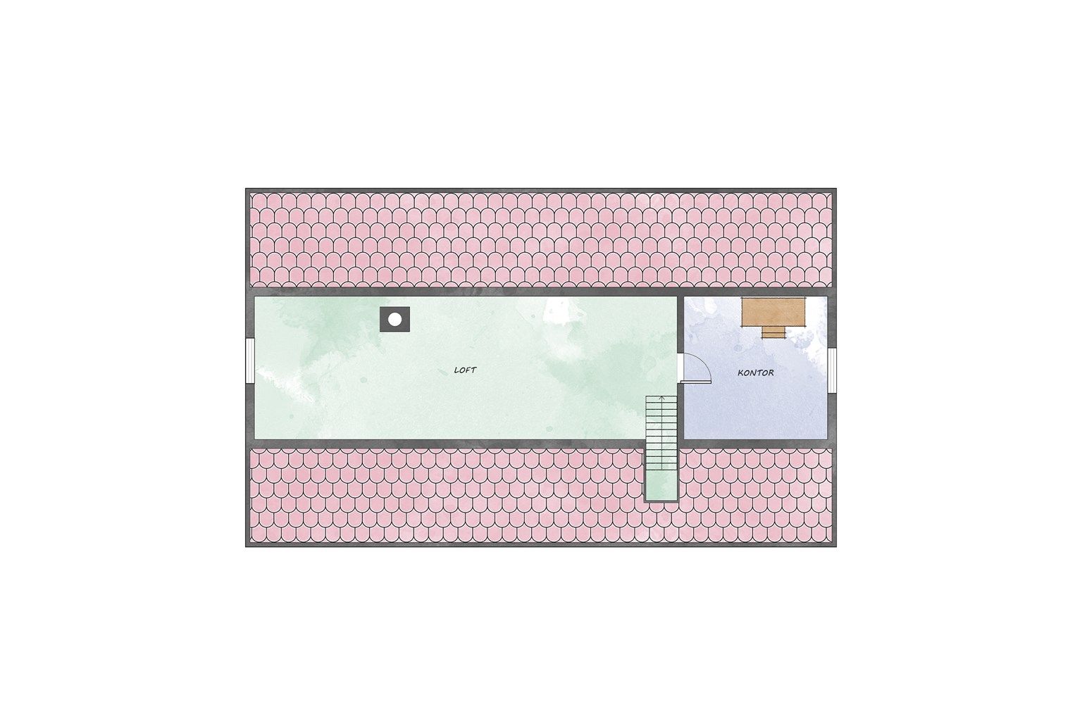 Loftsetasjen består av et stort og et mindre loftsrom med lav takhøyde - Det er ikke kontor som angitt på planskisse - Uinnredet loft for lagring og oppbevaring (ikke for varig opphold).