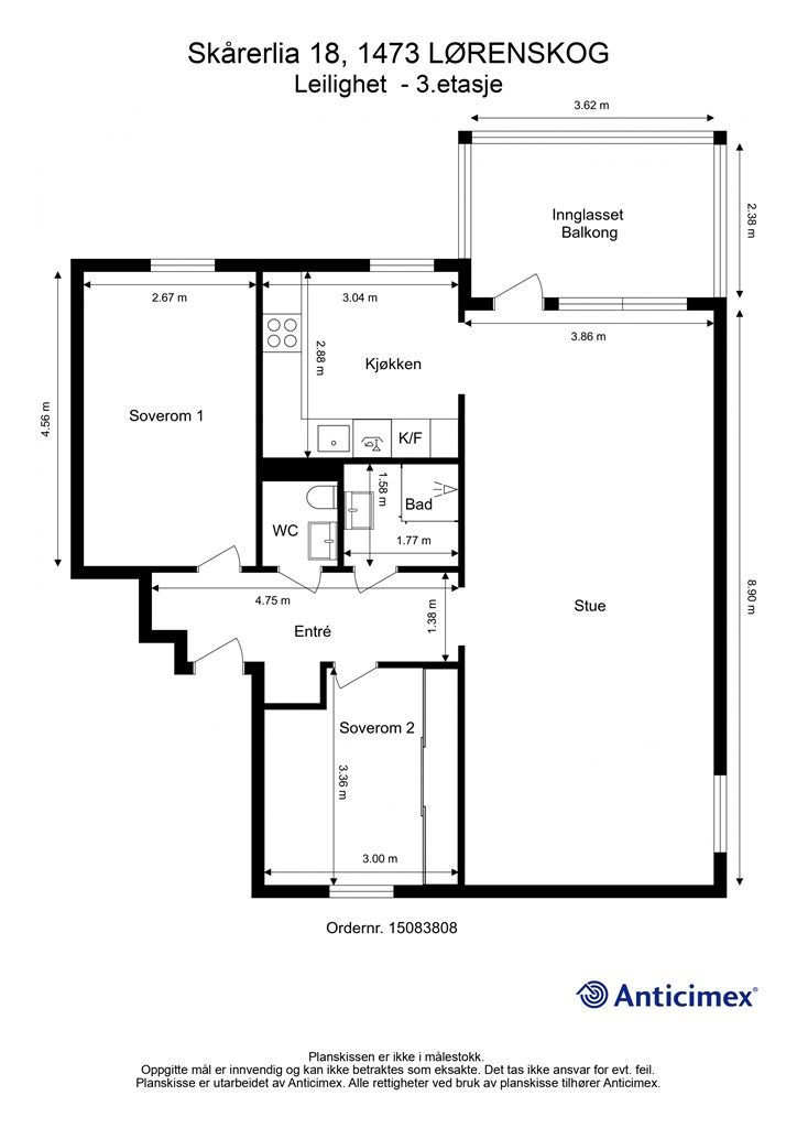 Arealeffektiv planløsning med to soverom (opprinnelig 3)  og separat bad og toalettrom fra 2017.