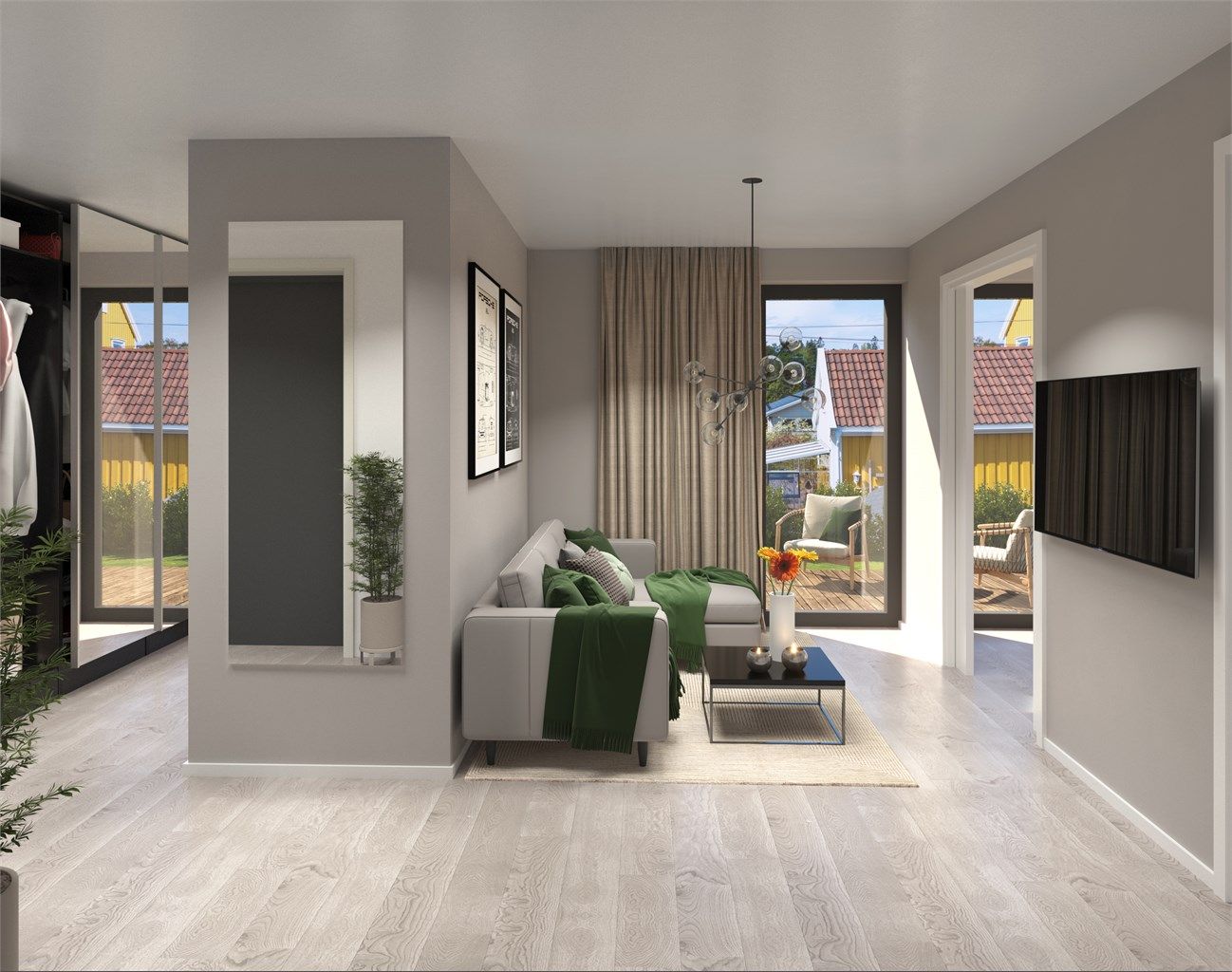 Boligens første etasje rommer entré/hall og ekstra stue. Her er det mulig å bestille hybel som tilvalg. Se alternativ plantegning under enkelthusene. (avvik må påregnes). 