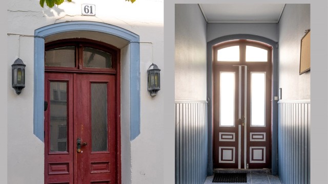 Bygården har et trivelig inngangsparti.