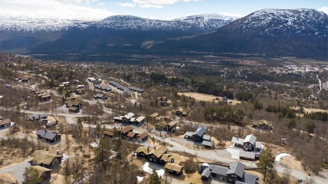 Oversikt over Bjorlia hyttefelt, med eiendommen sentralt plassert i terrenget.