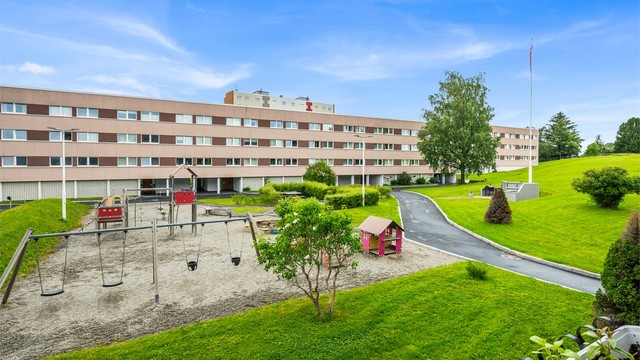Grønne og barnevennlige fellesarealer med lekeplass og store plenarealer.