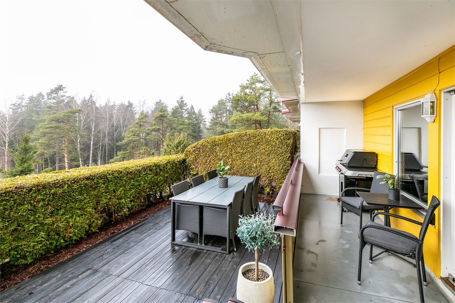 Utearealene er pent innrammet av tettvoksende hekk som i tillegg begrenser innsyn fra sidene.