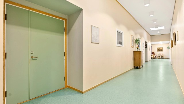 Felles gang inn til hver bolig. Legg merk til takhøyden, vinduene og bredden. Her er det god plass!