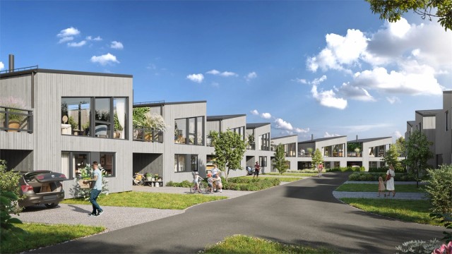 Fire moderne eneboliger i rekke er prosjektert på Tunet i Hanna Jacobsens vei - presentert av Krogsveen