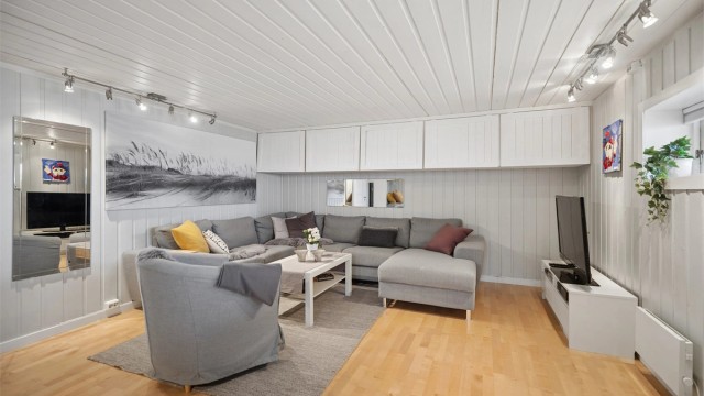 Romslig kjellerstue med plass til både en stor sofagruppe og en stor seng (Ikke godkjent/omsøkt til varig opphold).