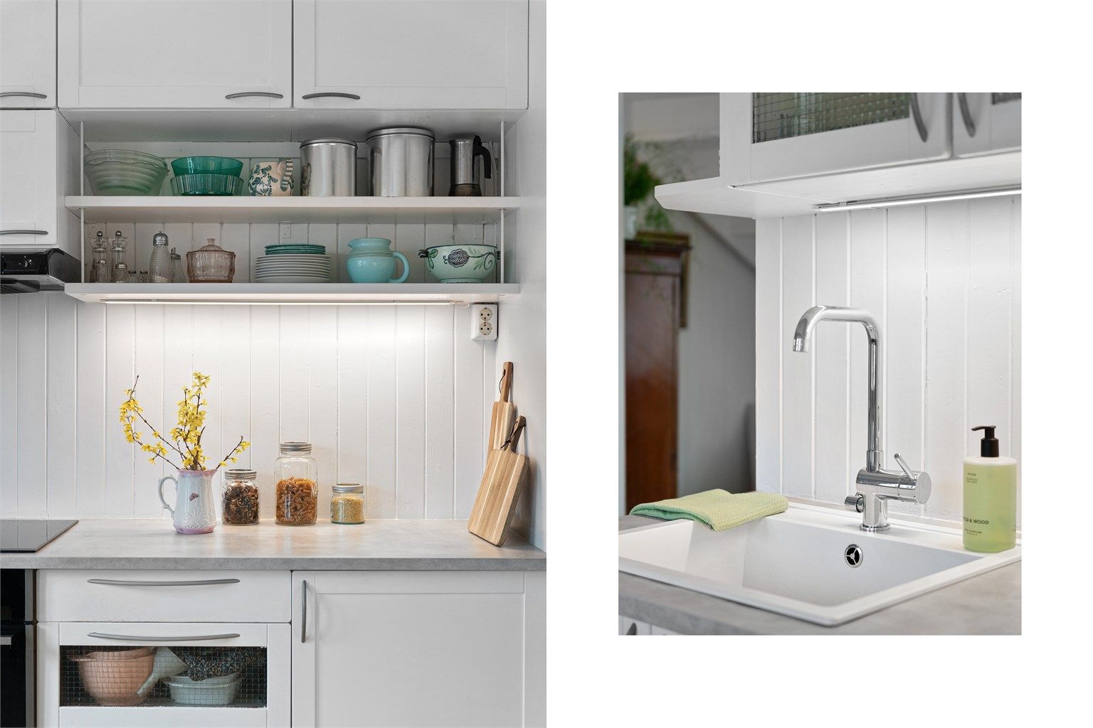 Åpne hyller gir både praktisk oppbevaring og rom for å vise frem favorittserviset.