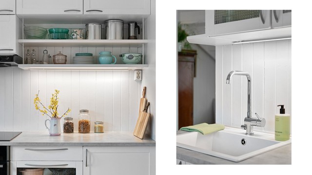 Åpne hyller gir både praktisk oppbevaring og rom for å vise frem favorittserviset.