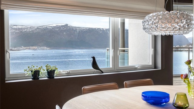 Flott utsikt til båttrafikken på Borgundfjorden fra spisestuen
