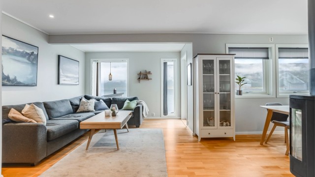 Det er god plass til både sofagruppe og spisestue i tilknytning til kjøkken