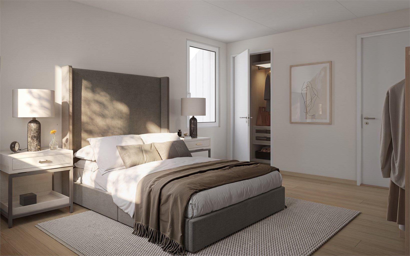 Illustrasjon på soverom med walk-in garderobe/bod.