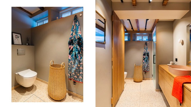 Innredningen er plassbygget i oljet eik, med vegghengt toalett.