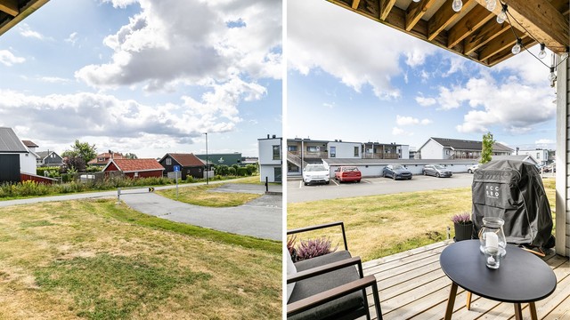 Sommerstid titter solen ned til terrassen fra utpå ettermiddagene.