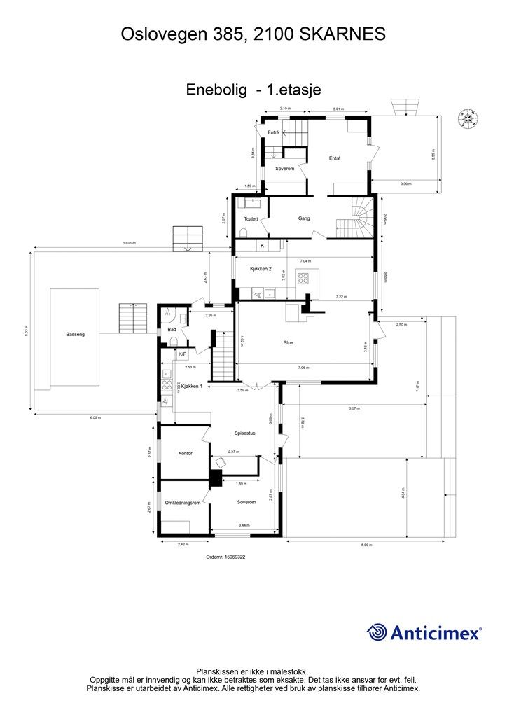 Plantegning hovedetasje. Tidligere var det to enheter på eiendommen som er slått sammen til en. 