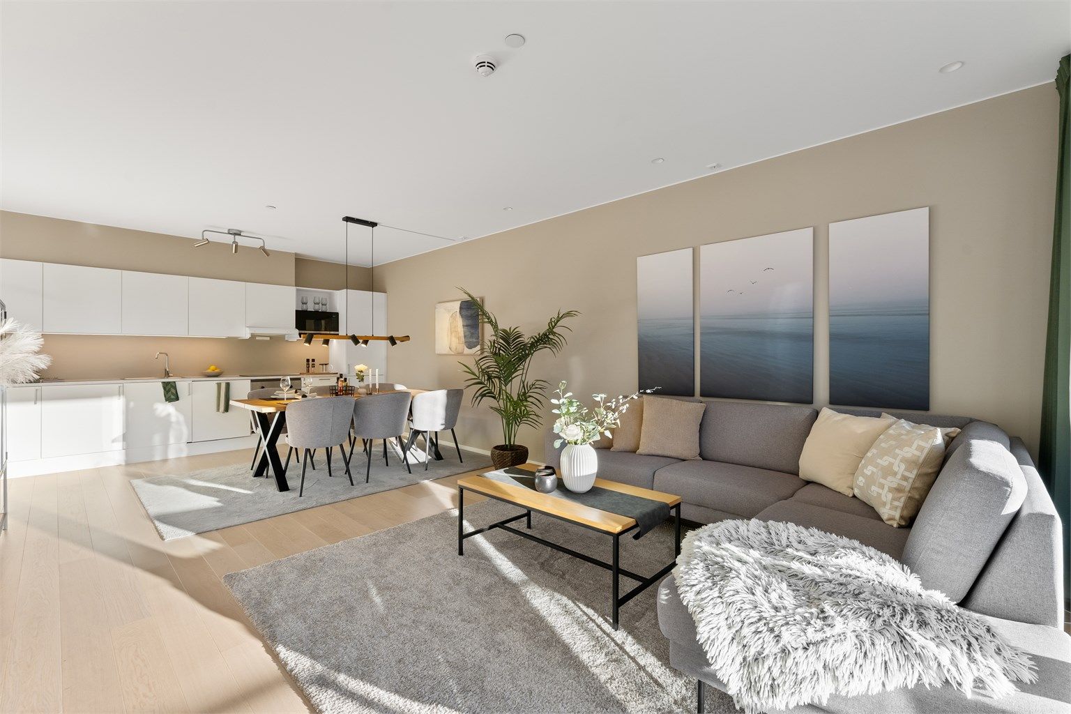 I stuen er det plass for sofagruppe, TV-seksjon, spisegruppe og annet passende møblement