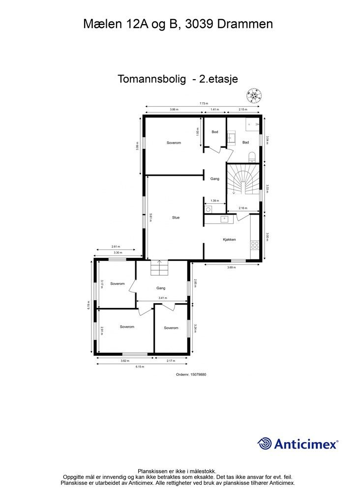 Plantegning, hel tomannsbolig (Mælen 12A og B) - 2. etasje