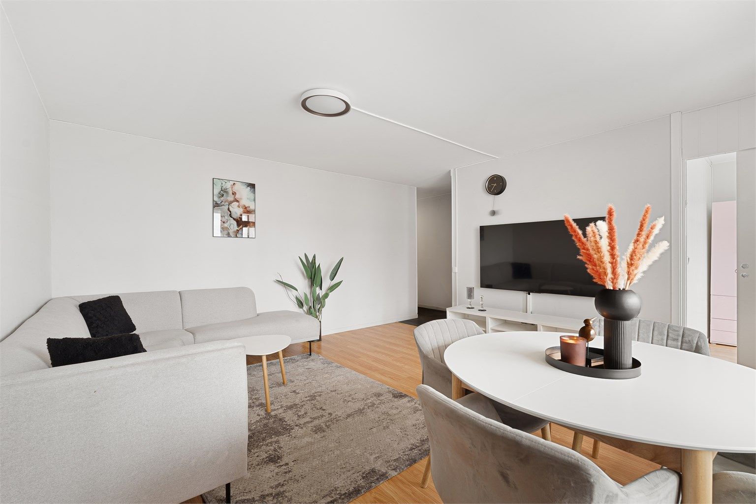 Her har man god plass til sofagruppe med tilhørende TV-møblement og spisegruppe. 