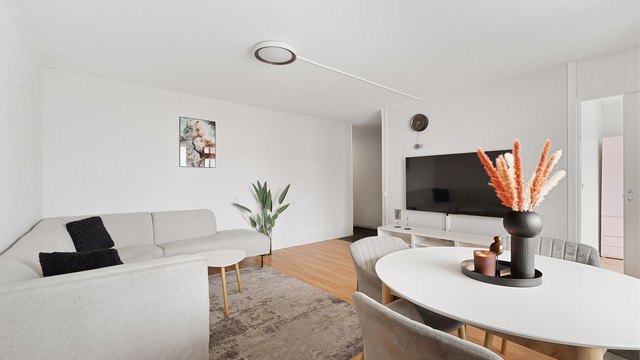 Her har man god plass til sofagruppe med tilhørende TV-møblement og spisegruppe.