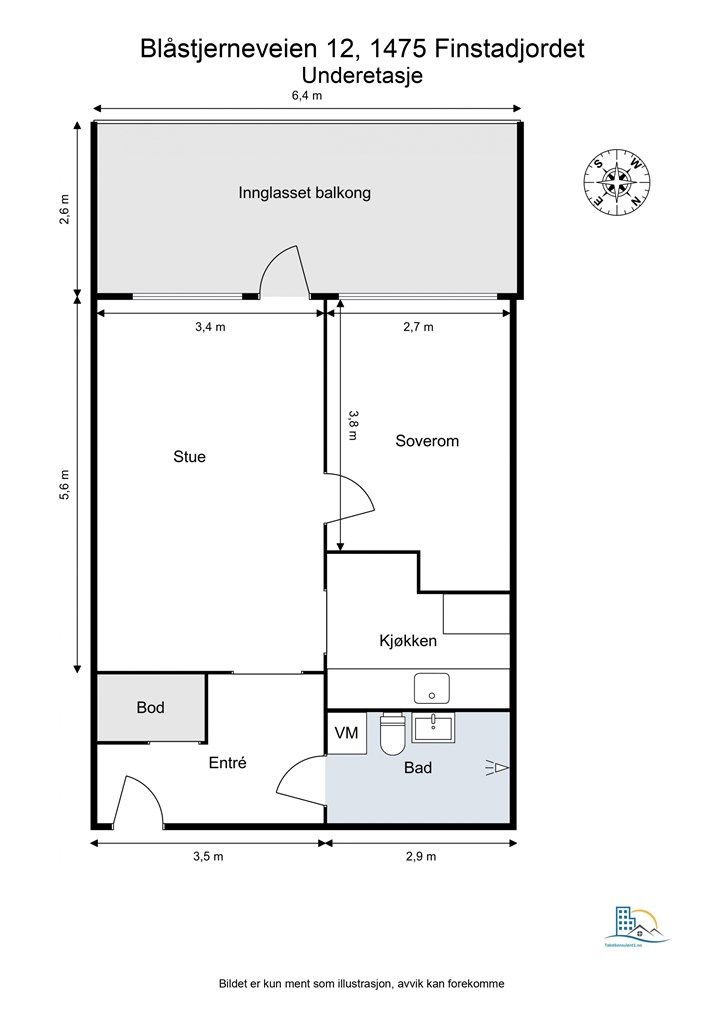 Leiligheten inneholder entré, stue, kjøkken, innglasset balkong, bad, bod og soverom. 