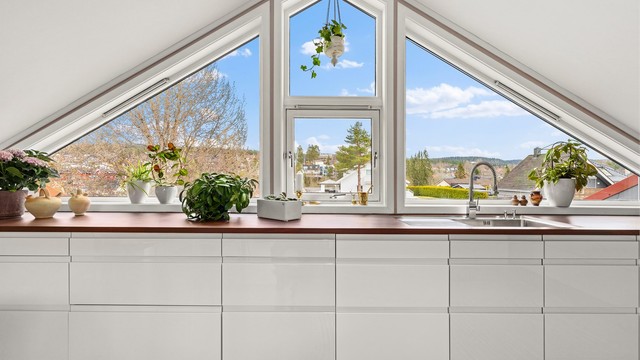 God arbeidsflate langs kjøkkenbenken og rikelig med lys fra takvinduene fra 2015.