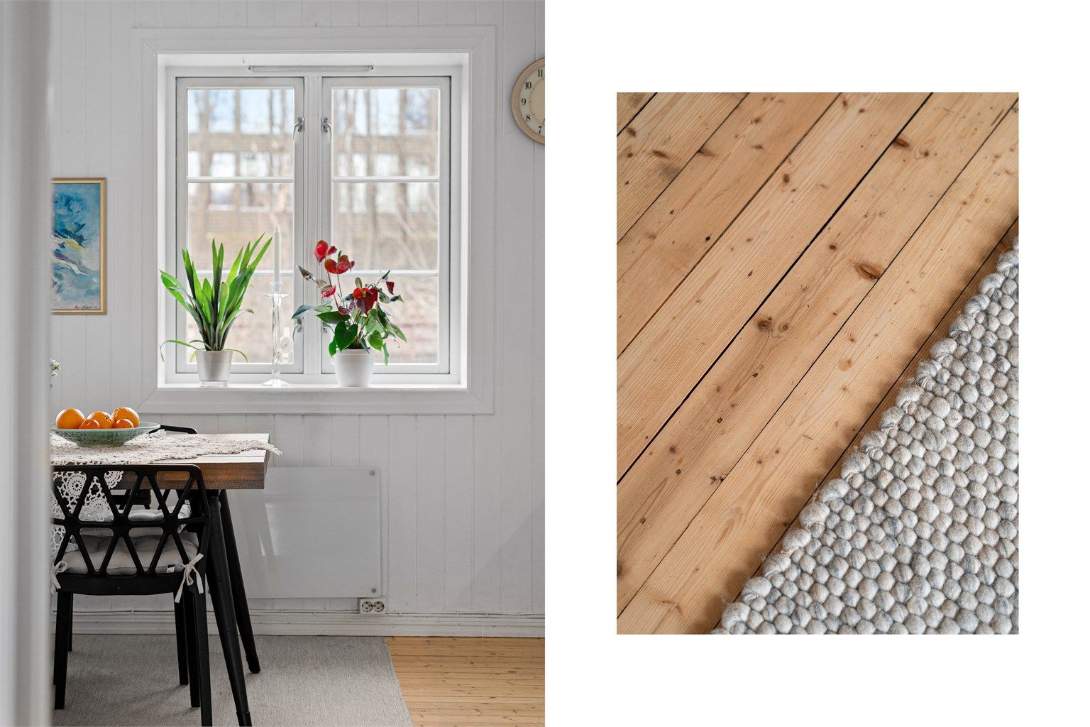 De originale heltregulvene i furu er et gjennomgående og tidløst element i boligen.