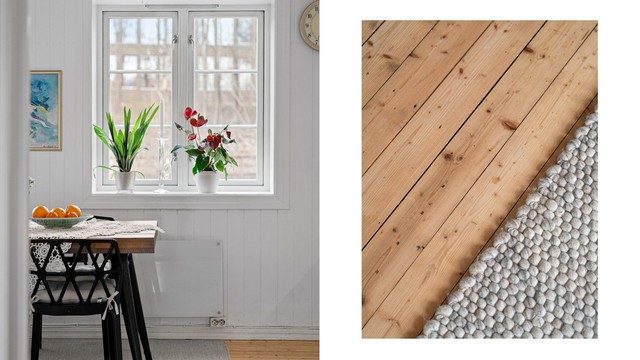 De originale heltregulvene i furu er et gjennomgående og tidløst element i boligen.