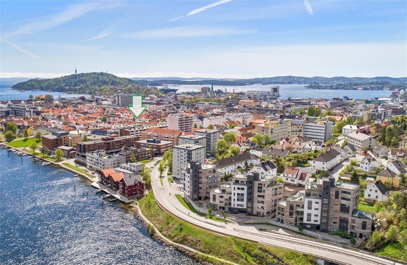 Oversiktsbilde fra Otra med pil på leilighet mot Odderøya