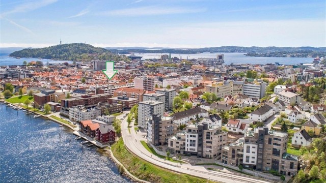 Oversiktsbilde fra Otra med pil på leilighet mot Odderøya