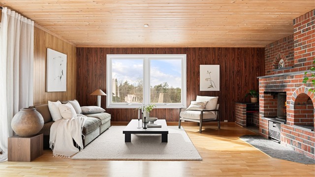 Solstråler og mye naturlig lys fyller stuen, dagen gjennom.