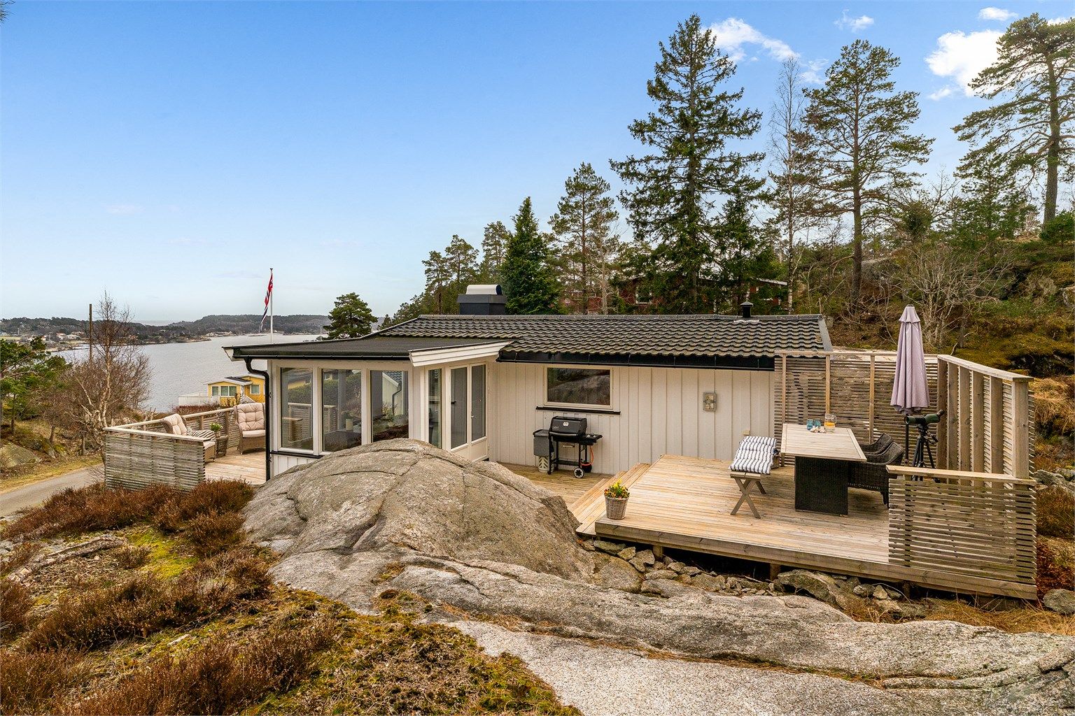 En velholdt og moderne fritidsbolig med en høy og fri beliggenhet på romslig eiertomt. Her kan du virkelig nyte late sommerdager.