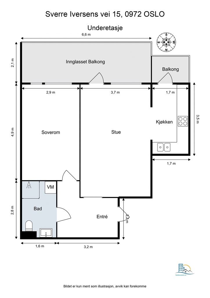 Leiligheten har en gjennomtenkt planløsning på 55 m² med to balkonger og god flyt mellom rommene.