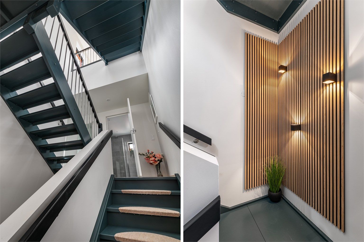 Trapperepos mellom første og andre etasje med akustikkpanel og blendingsfri belysning.