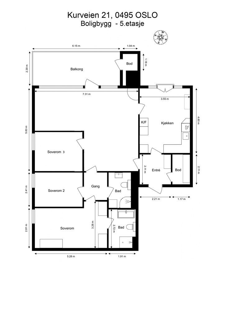 Alternativ planløsning Kurveien 21 ved etablering av et 3. soverom