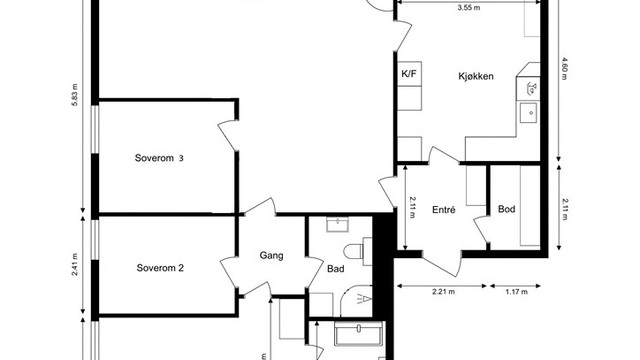Alternativ planløsning Kurveien 21 ved etablering av et 3. soverom