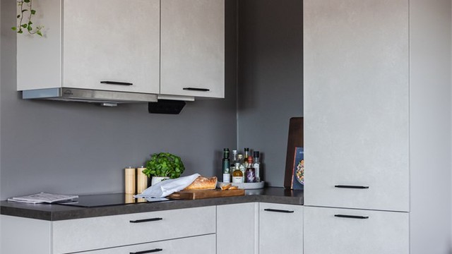 Sømløst integrerte hvitevarer bestående av platetopp, stekeovn, oppvaskmaskin og kjøleskap.