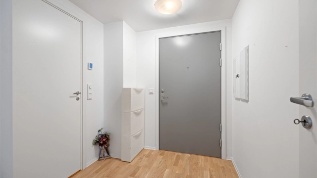 Entréen har plass til oppbevaring og en solid dør med brann- og lydklassifisering.