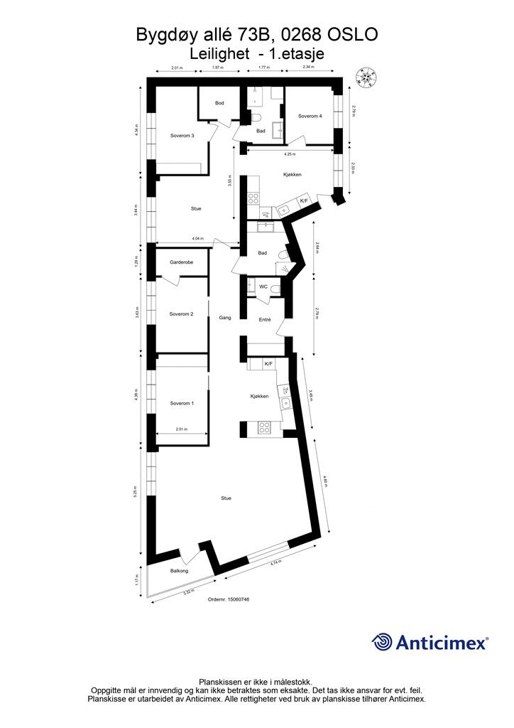 Plantegning. Leiligheten er i dag delt opp i to deler med hvert sitt bad, kjøkken og to soverom i hver del